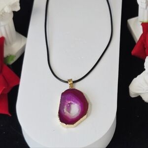 Fuchsia Pink Druzy Agate Teardrop Necklace Geode Slice Gold Edge Pendant Bold